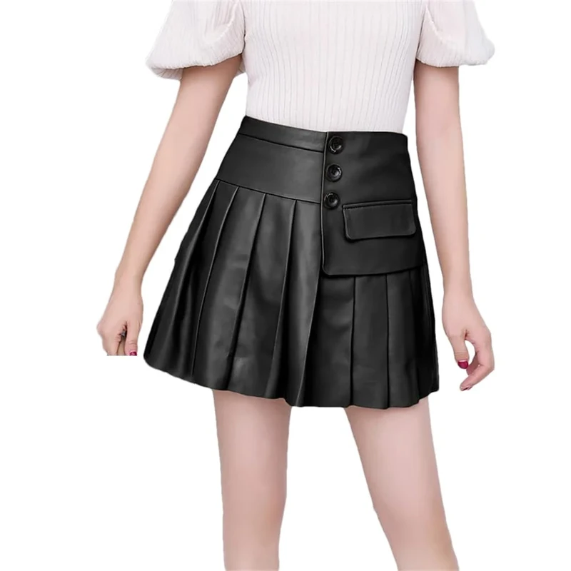Dvbfufv Women Leather Skirt Women Spring Korean Fashion High Waist Buttons Pleated Skirt Female Sexy Mini Skirt Black