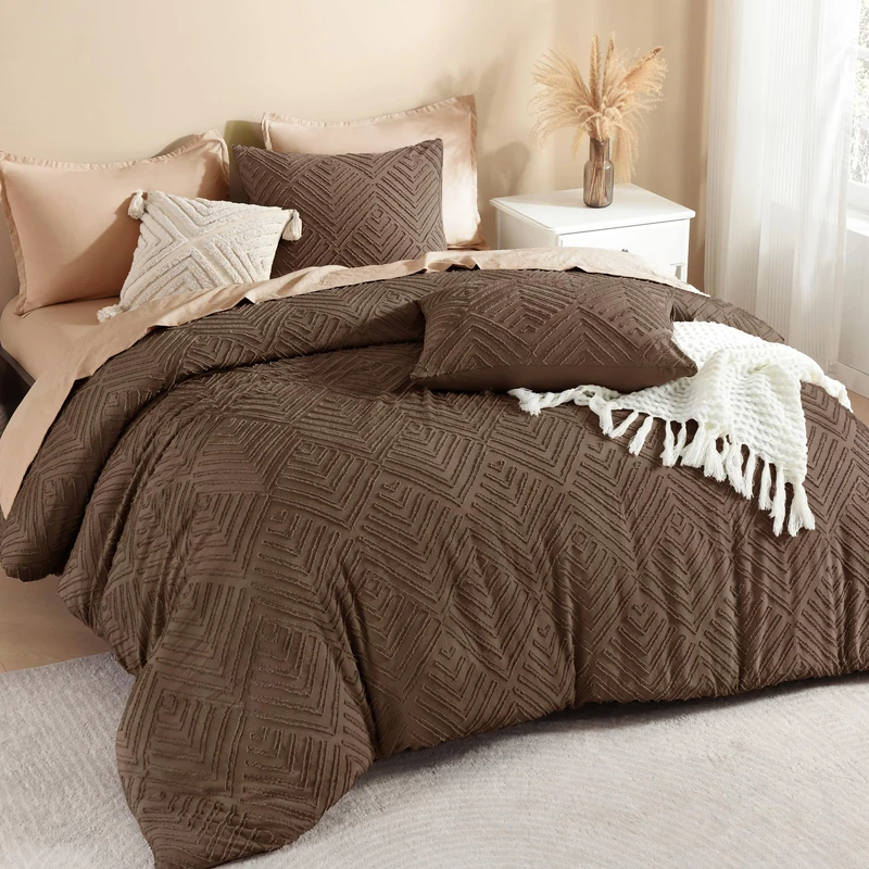 Litanika King Size Comforter Set, 3 Pieces Brown Tufted Boho Bedding Set
