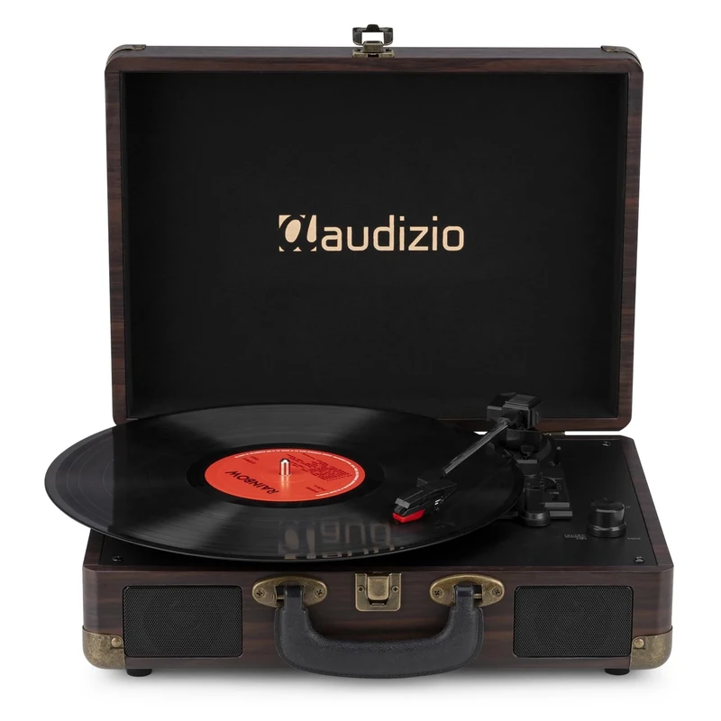 Audizio RP116DW Briefcase Record Player, Bluetooth Vinyl Turntable with Built-in Speakers, Wireless Input/Output, USB MP3 Encoding, Retro Compact System, Dark Wood Finish