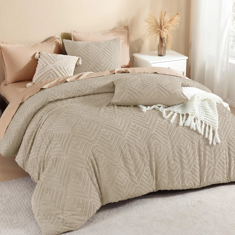 Litanika King Size Comforter Set, 3 Pieces Wheat Tufted Boho Bedding Set