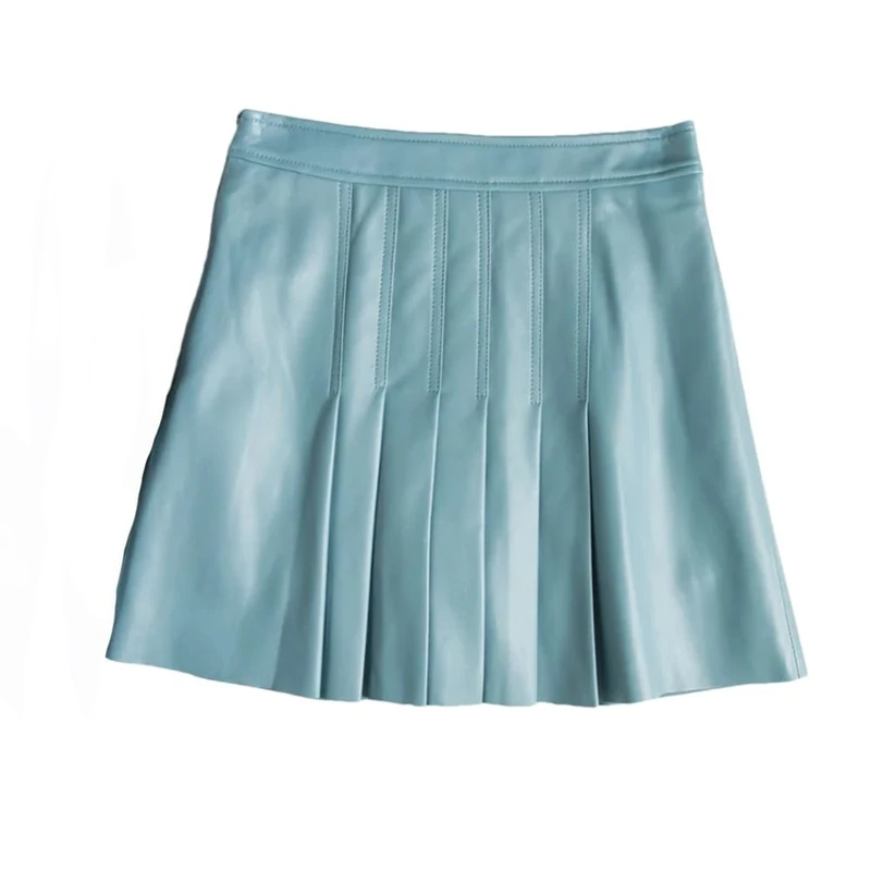 Dvbfufv Women Winter All-Match Leather Mini Skirt Ladies Sexy Pleated Skirt Slim Skirt Blue