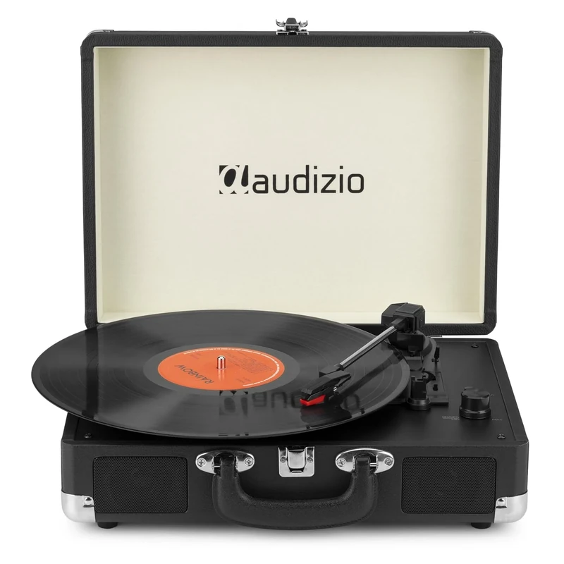 Audizio RP116BK Briefcase Vinyl Record Player with Bluetooth Output, Portable 3-Speed Turntable, Built-in Speakers, Connects to External Speaker Wirelessly