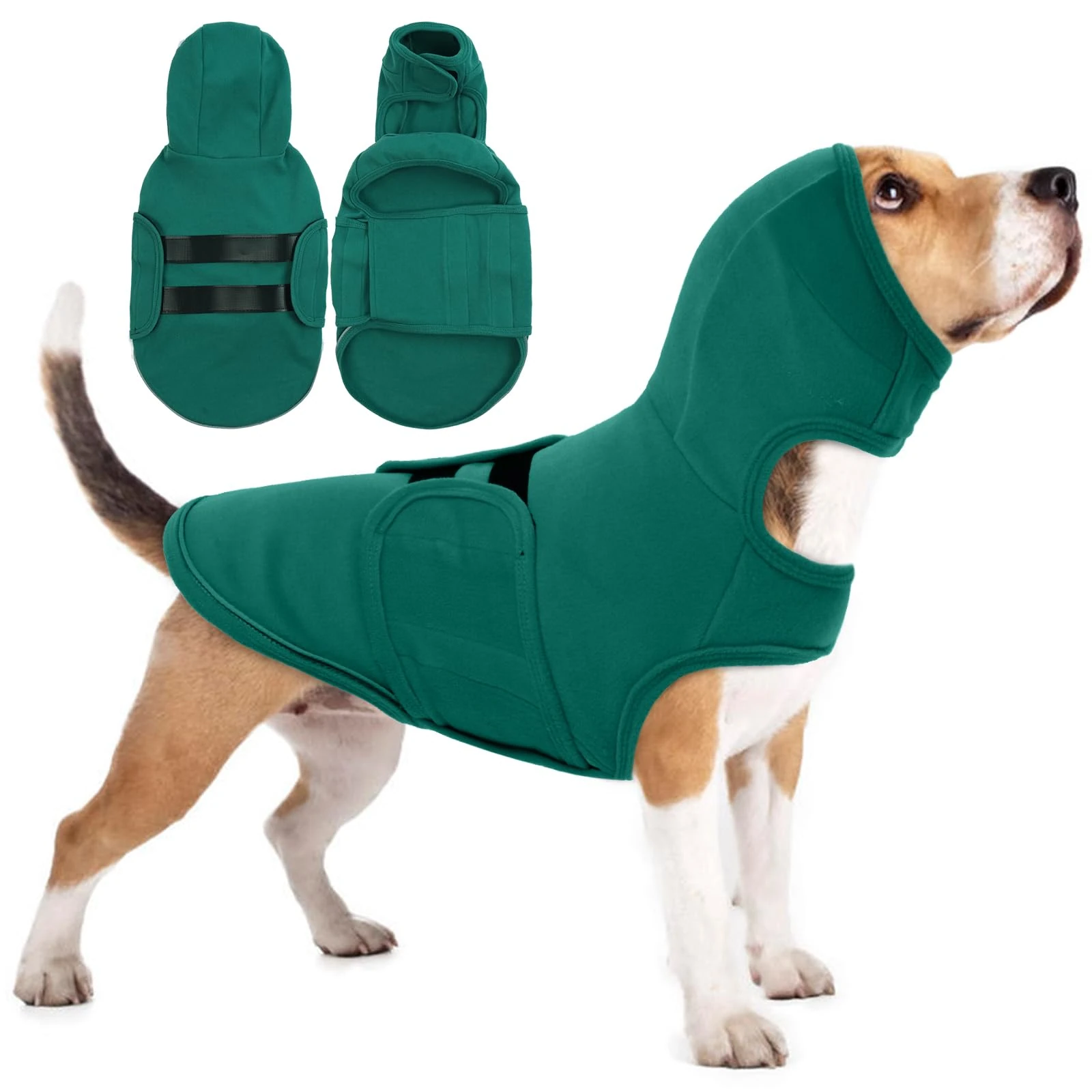 Lelepet Dog Anxiety Vest with Ear Wrap, Soft Pet Hoodie for Thunder Fireworks, Adjustable Dog Calming Coat for Large Dogs, Pets Soothing Shirt with Ear Muff, Green XL