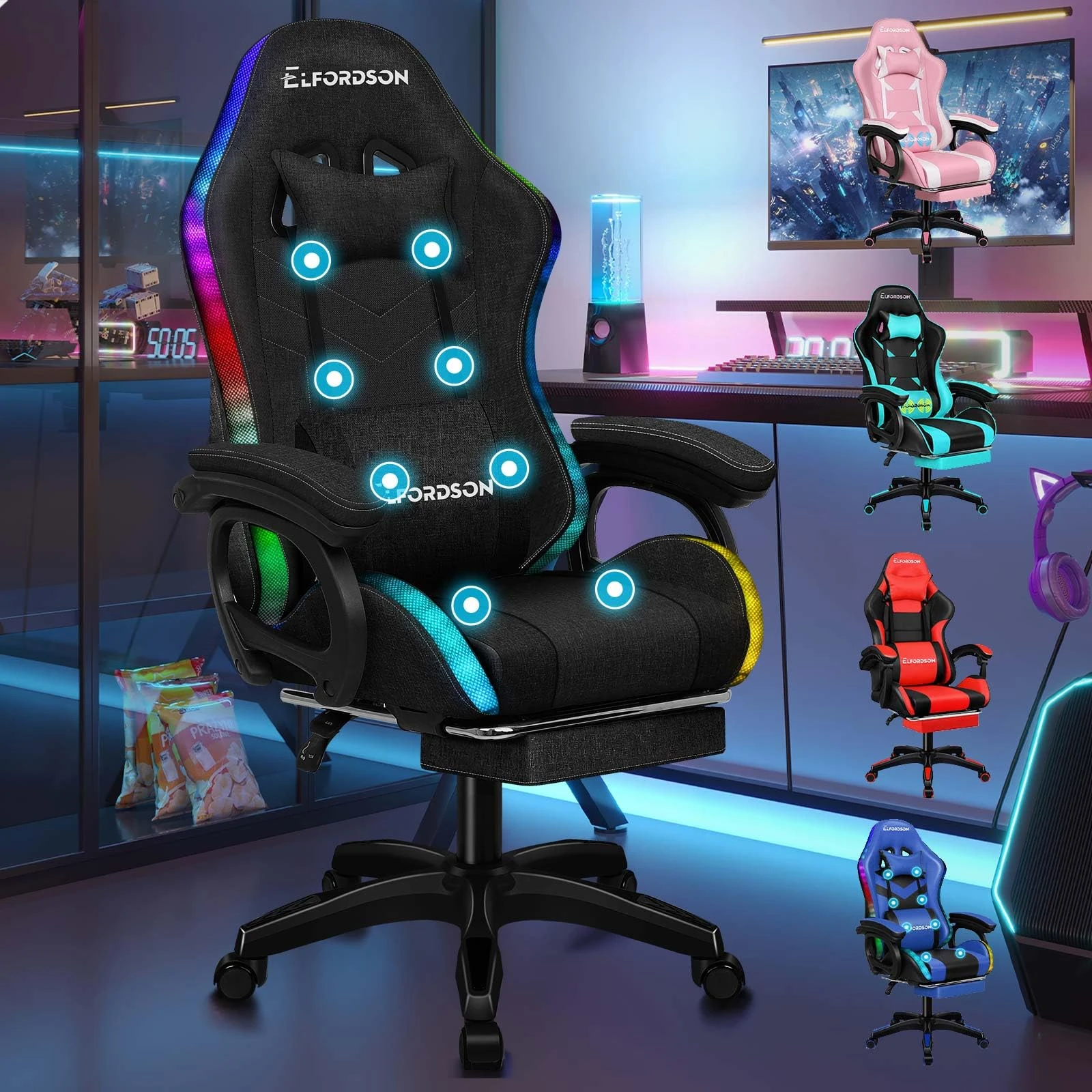 ELFORDSON LED Gaming Chair with 8-Point Massage, Swivel Office Chairs with Head Pillow Lumbar Support, Ergonomic Desk Chair with Armrests Footrest, Fabric Linen, Black