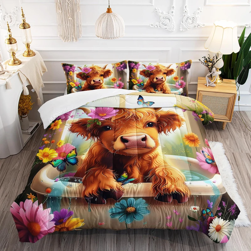 XYNHML Kawaii Wildlife Farmhouse Cow Comforter 3Pcs Full Western Funny Animal Highland Cow Bedding Set for Kid Teen Girl Boy Butterfly Flower Cattle Quilt Bed Decor with 1 Comforter and 2 Pillowcases