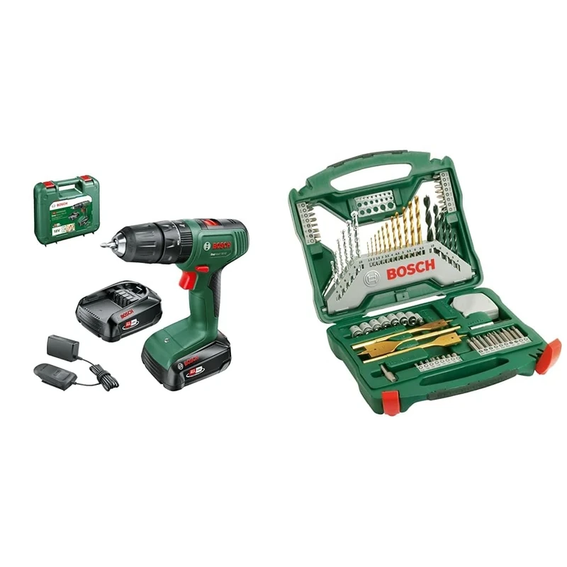 Bosch Cordless Combi Drill EasyImpact 18V-40 (2 Batteries 2.0 Ah, 18 Volt System, in Carrying Case) + 70-Pieces X-Line Titanium Drill and Screwdriver Bit Set (for Wood, Masonry and Metal, Accessories)
