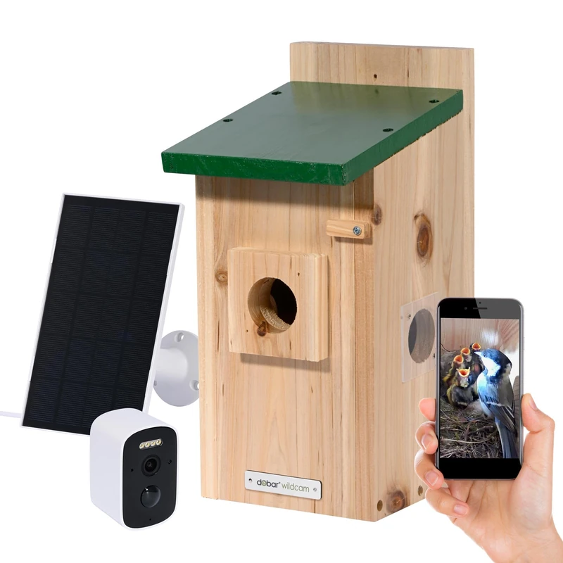 dobar® Eazy Nesting Box with WiFi Camera and Solar Panel - Bird Watching with Wooden Nesting Aid and App - Diameter 30 mm Entrance Hole - Green