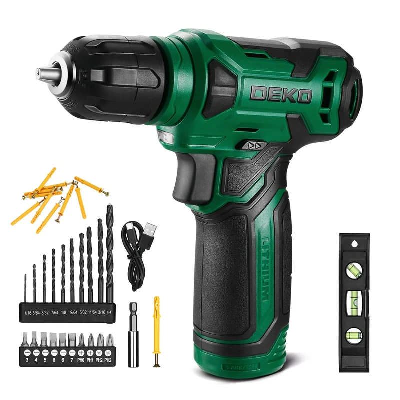 DEKOPRO 8V Cordless Drill, Drill Set with 3/8" Keyless Chuck, Built-in LED, Type-C Charge Cable, 42pcs Acessories, for Drilling and Tightening/Loosening Screws