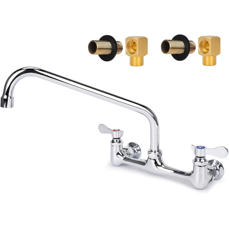 8" Wall Mounted Kitchen Faucet Central Commercial Sink Mixer Tap with 12" Swivel Spout Double Handles Brass Laundry Room Restaurant Polished Chrome with