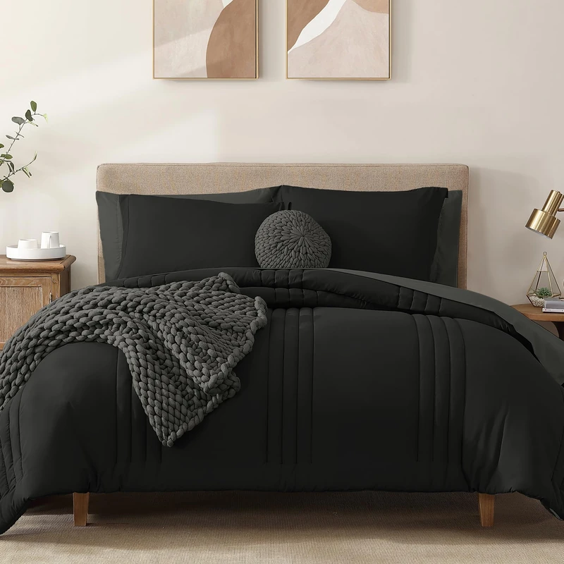 Queen Comforter Set-7 Pieces Black Soft Bed in a Bag Queen Bedding Sets