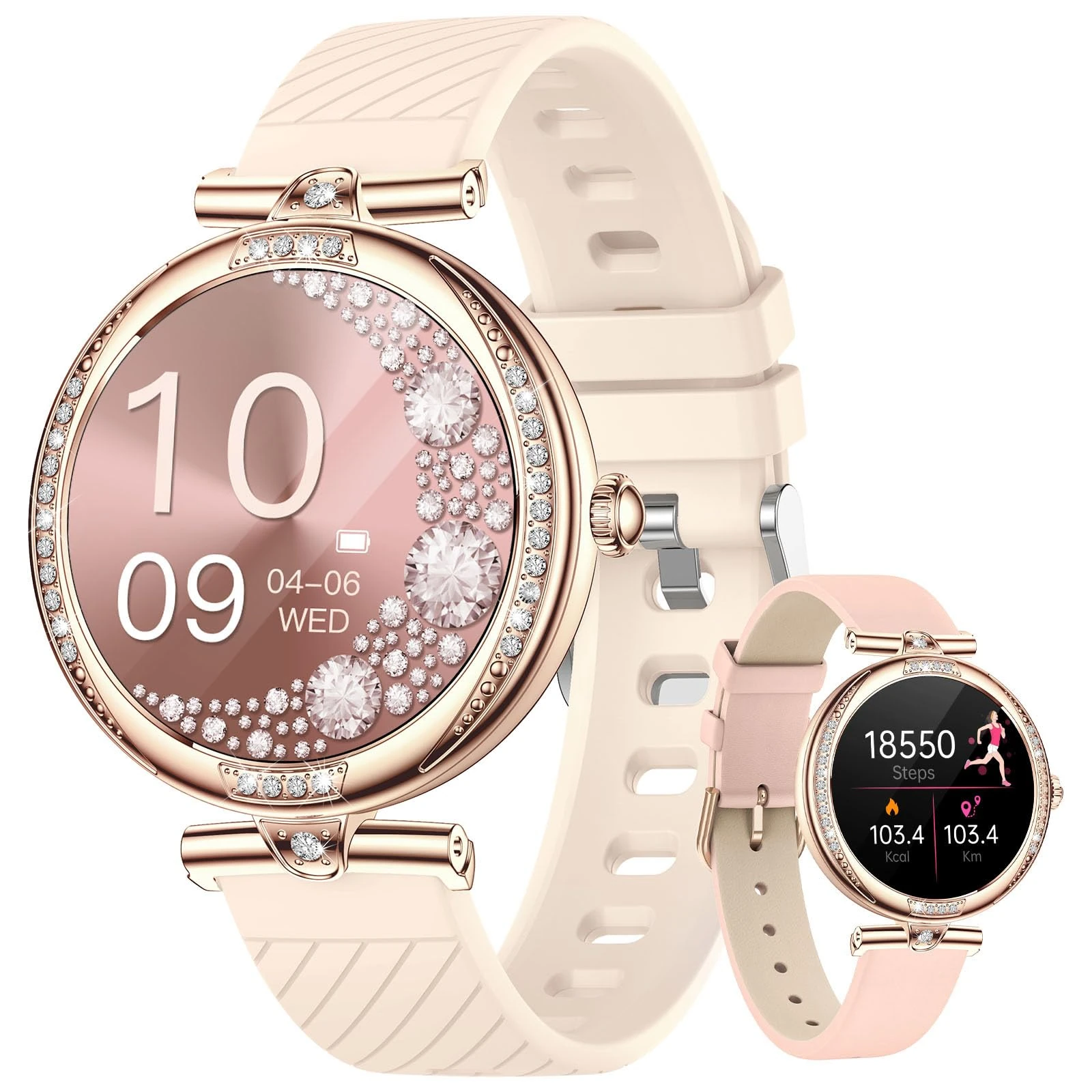LIGE Women's Smart Watch Bluetooth Calls for Android iOS Sport Fitness Activity Tracker 1.19” AMOLED Always-on Display Diamond Rose Gold Steel Women's Smartwatch