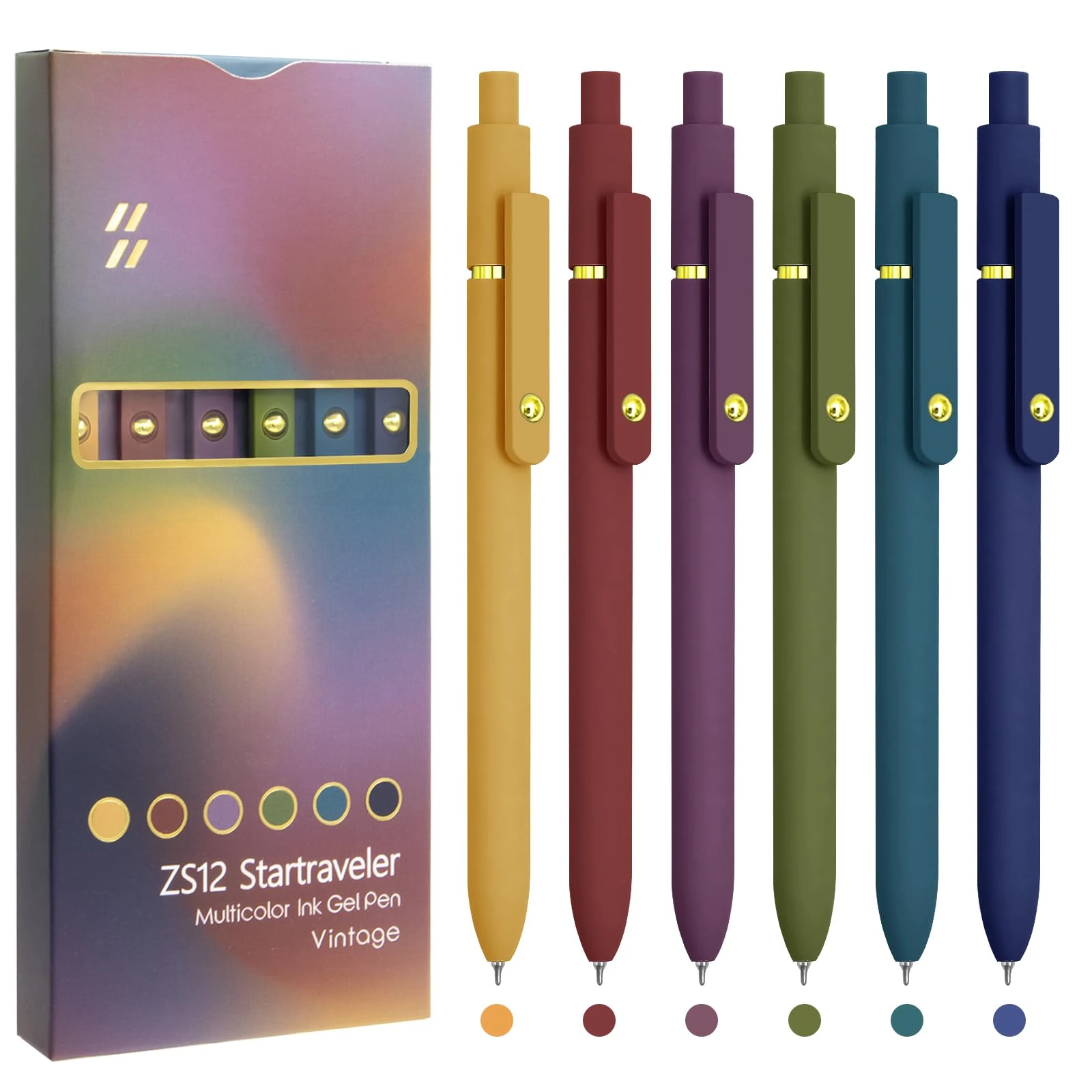 UIXJODO Colorful Pens, 6 Pcs Fine Point Smooth Writing Gel Pens, 0.5mm Colored Ink for Journaling Note Taking, Office School Supplies Gifts for Women (Gold Vintage)
