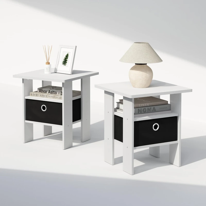 Furinno TIDUR Night Stand Set of 2, Open Shelf Design Nightstand with Storage Bin, Bedside Table, End Table, Side Table, for Bedroom, Living Room, White