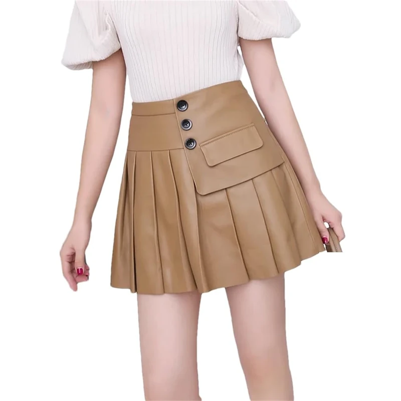 Dvbfufv Women Leather Skirt Women Spring Korean Fashion High Waist Buttons Pleated Skirt Female Sexy Mini Skirt Khaki