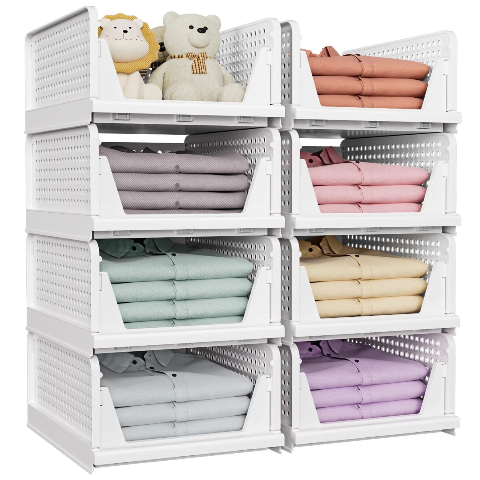SNSLXH 8 Pack Stackable Closet Storage Boxes, Multifunctional & Foldable Closet Organizer for Bathroom Kitchen Laundry Room Wardrobe Storage, Space-Saving Wardrobe Drawer Organizer, White
