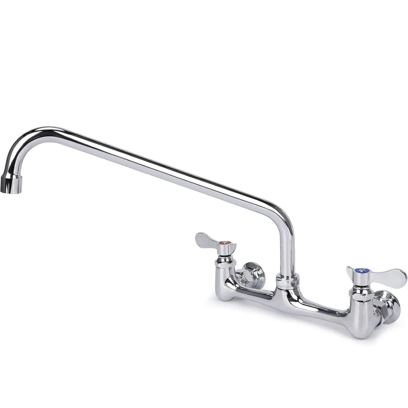 Wall Mount Kitchen Faucet 8" Center Commercial Sink Faucet with 14” Swivel Spout Dual Handles Brass Utility Sink Faucet for Laundry Room Restaurant Polish Chrome