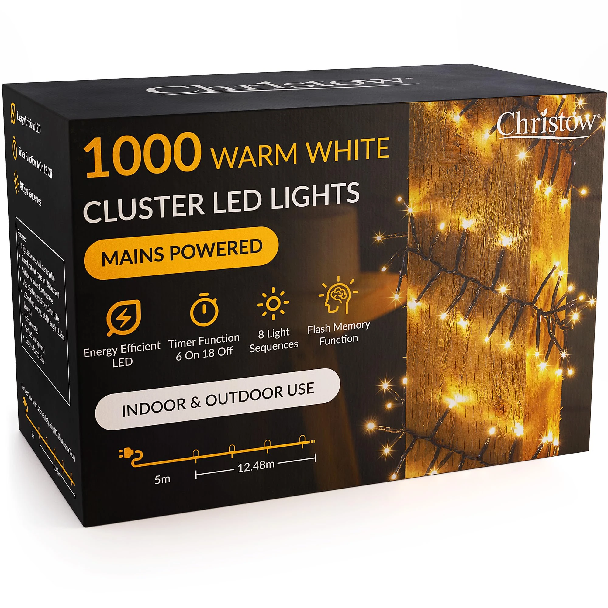 CHRISTOW 1000 LED Cluster Christmas Tree Lights, Warm White Fairy Lights with Timer, 8 Light Modes, Energy Efficient 3mm Micro LEDs, Indoor & Outdoor, Mains Powered, Green Cable, 12.48m Lit Length