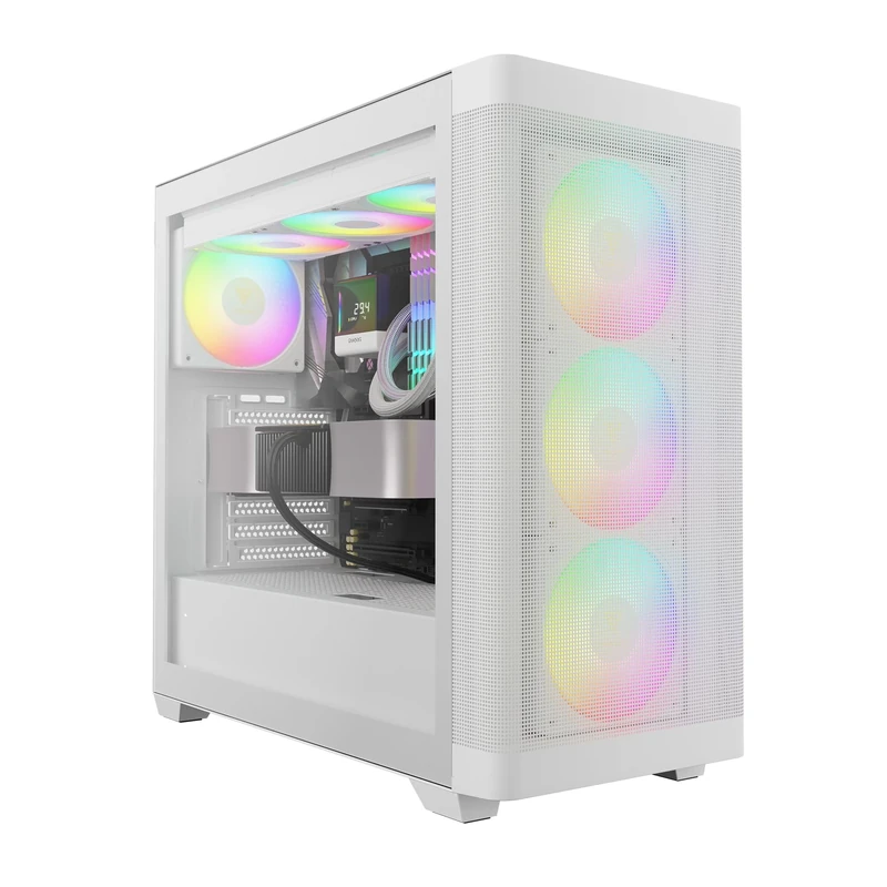 GAMDIAS ATHENA M3 WH Gaming EATX Mid Tower Computer PC Case, High Airflow Mesh Front, 4x120mm PWM ARGB Fans w/Hub, Tool-Free Tempered Glass Side Panel, Support Dual 360 & Gen 2 Type-C, MB Sync, White