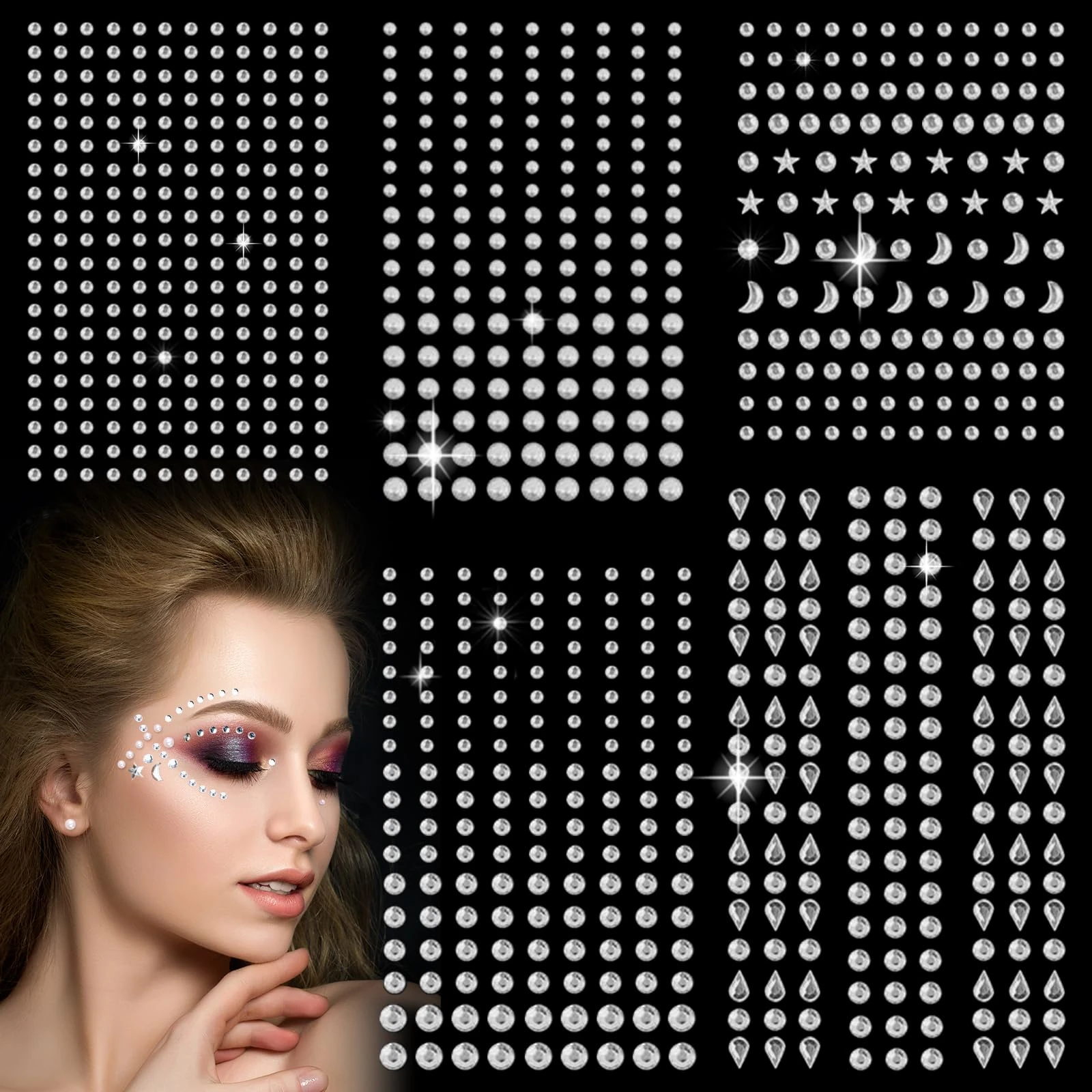 Soodyoow 850 Pcs Face Gems, 5 Sheets Gem Stickers, Rhinestones for Clothes, Gems for Crafting, Rhinestone Sticker for DIY, Facial Nail Makeup Decoration