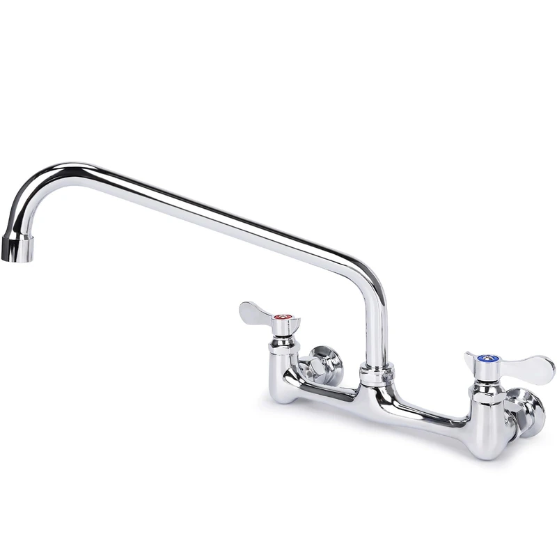 Wall Mount Kitchen Faucet 8" Center Commercial Sink Faucet with 12” Swivel Spout Dual Handles Brass Utility Sink Faucet for Laundry Room Restaurant Polish Chrome