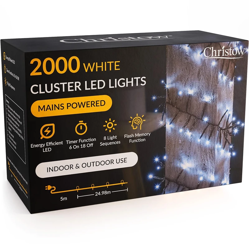 CHRISTOW 2000 LED Cluster Christmas Tree Lights, White Fairy Lights with Timer, 8 Light Modes, Energy Efficient 3mm Micro LEDs, Indoor & Outdoor, Mains Powered, Green Cable, 24.97m Lit Length