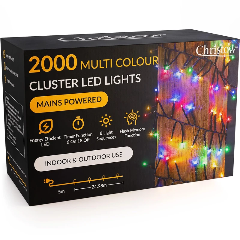 Christow 2000 LED Cluster Christmas Tree Lights, Multi-Coloured Fairy Lights with Timer, 8 Light Modes, Energy Efficient 3mm Micro LEDs, Indoor & Outdoor, Mains Powered, Green Cable, 24.97m Lit Length