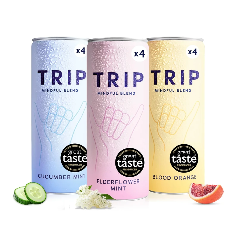 TRIP Mixed Pack Sparkling Drink with 120MG calming Magnesium + Lion’s Mane + Chamomile + Lemon Balm. Low Calorie and Vegan (Pack of 12 x 250ml)