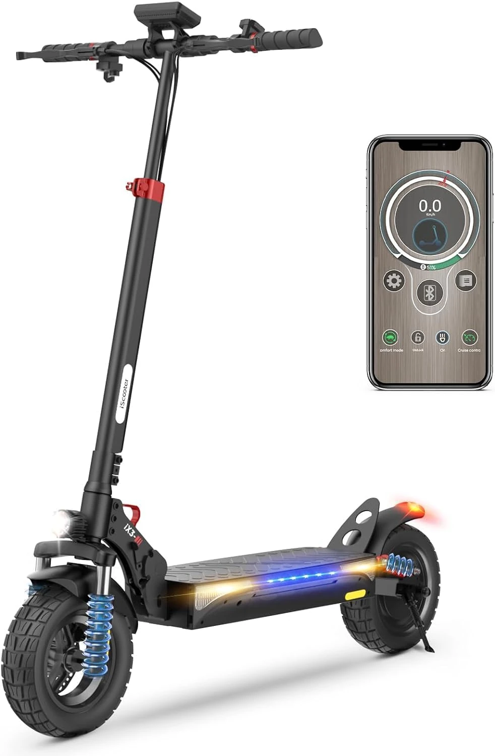iScooter Electric Scooters Adult, iX3/iX4/iX7Pro Single/Dual Powerful Motor, 40-80km Range Fast Electric Scooter 10" Off-road Tires with 4 Shock Absorbers Foldable E Scooter,Dual Braking System
