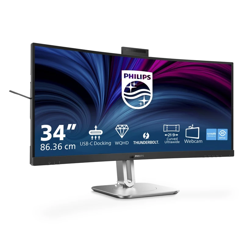 PHILIPS 34B2U6603CH - 34 inch WQHD curved Monitor, Height adjustable, Speakers, 5MP webcam, noise cancellation, HDR400, KVM (3440x1440, HDMI, DP1.4, Thunderbolt 4, USB-C, USB Hub, ethernet)