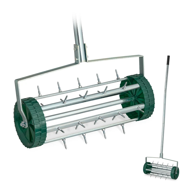 Relaxdays Rolling Lawn, Handle, Grass Roller with Spikes, HWD: 145x44x21 cm, Manual Aeration, Silver/Green, Steel, Plastic - Image 1