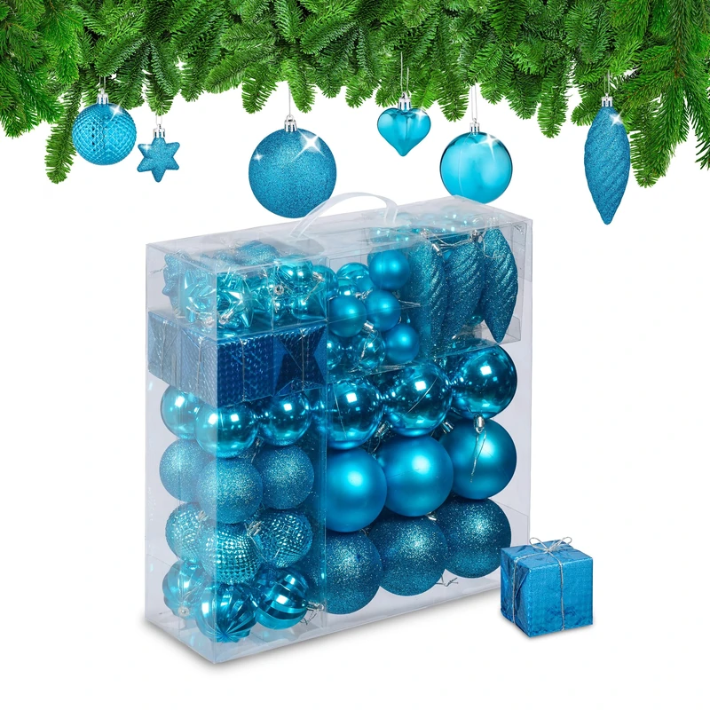 Relaxdays Christmas Bauble Set of 110, Glittery, Matt & Shiny Ornaments, Plastic Xmas Tree Balls, HxD: 9 x 8 cm, Petrol