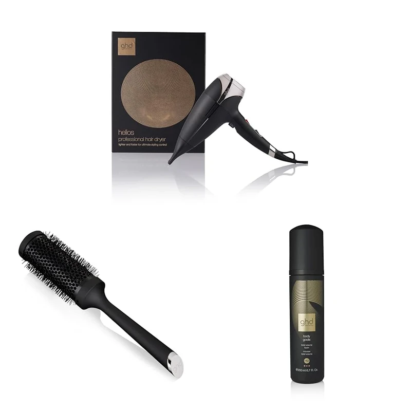 ghd Helios Hair Dryer Virtual Bundle, Black – with ghd Body Goals Volume Foam, Size 3 Vented Radial Brush and Helios Professional Hairdryer, For Long Lasting Voluminous Blowdrys, 30 Percent More Shine