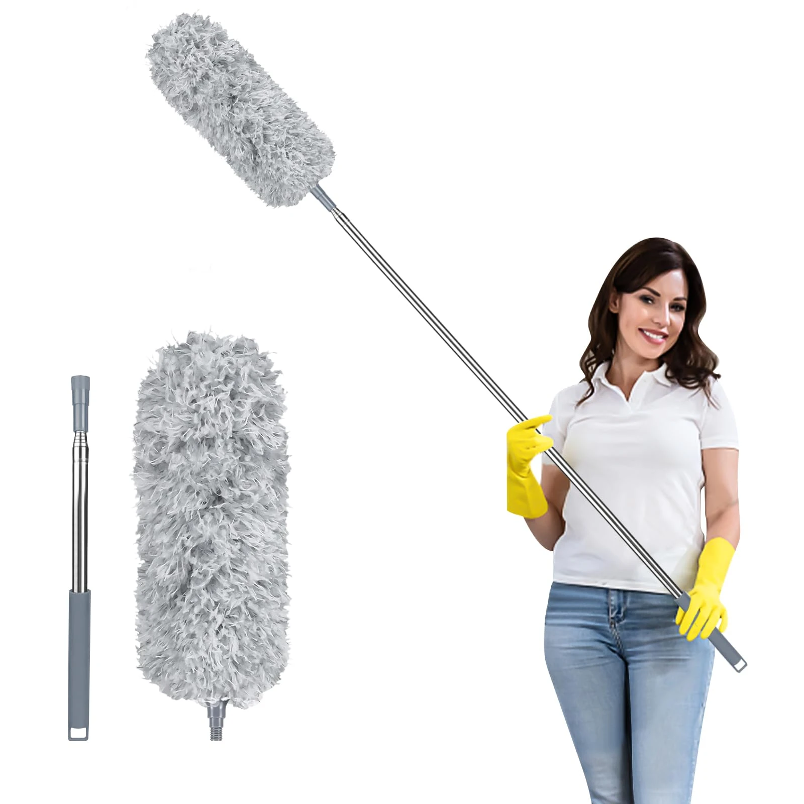 Fogray 2025 Upgraded Extendable Feather Duster with Soft Silicone Cap, Telescopic Long Handled Microfiber Dusters for Cleaning, Cobweb High Ceiling Fan Roof Blinds Cars, Washable & Bendable