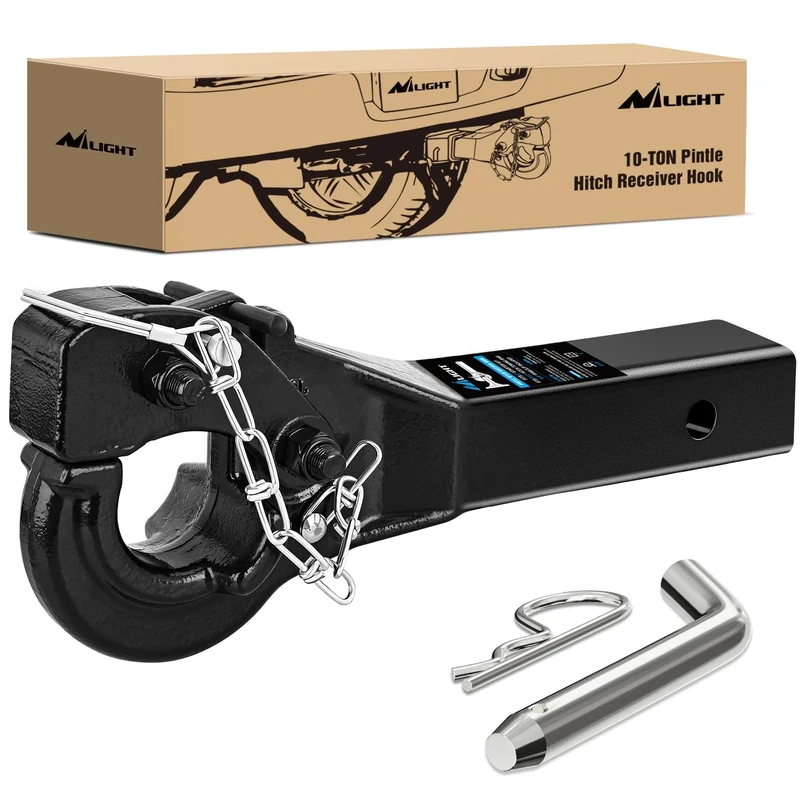 Nilight 10-TON Pintle Hitch for 2-Inch Receiver Hook Military Receiver 20000LBS,Fits 2-1/2 in Lunette Ring, Gloss Black Powder Coat