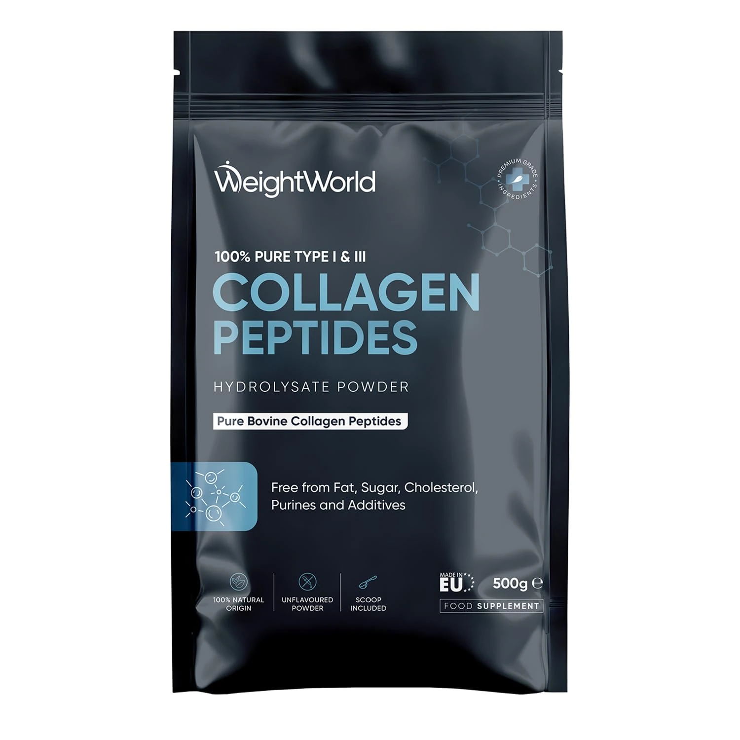 Pure Hydrolysate Bovine Collagen Peptides Powder | 500g | Type I & III Collagen Supplements for Women & Men | Rich in 8 Essential Amino Acids | 50 Servings | Halal Certified | Scoop Included