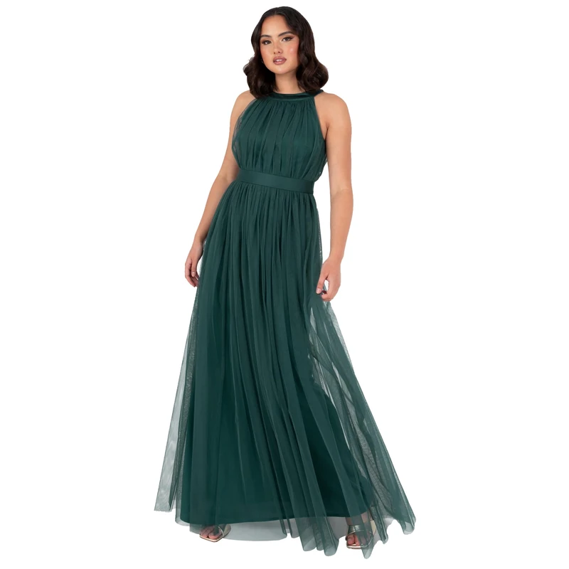 Anaya with Love Women's Maxi Dress for Women Halter Neck Long Sleeveless with Belt A Line Evening Gown Ball Prom Wedding Guest Bridesmaid Dress, Emerald Green, 26
