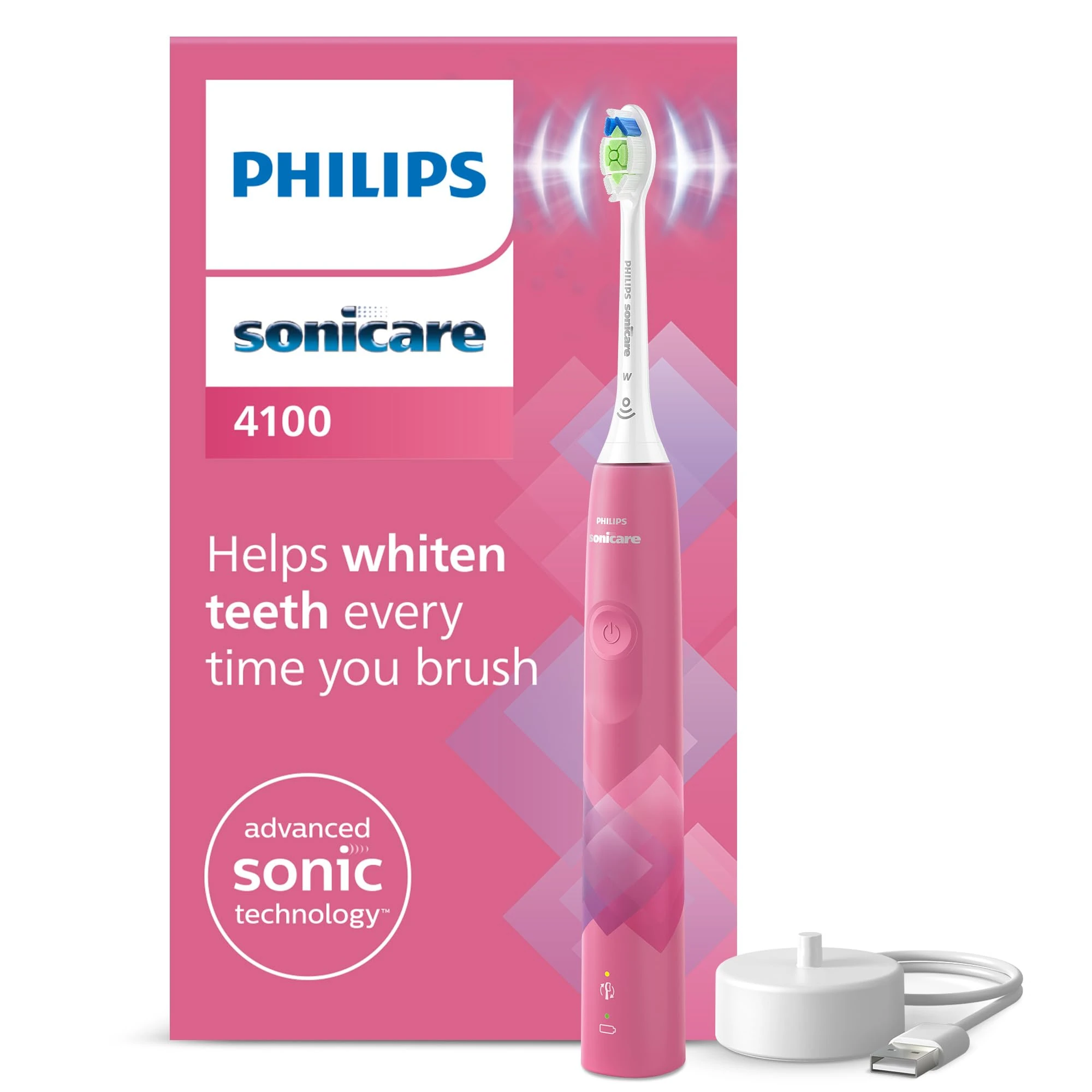Philips Sonicare 4100 Electric Toothbrush, Sonic Toothbrush with Two Modes, Pressure Sensor and Timer, Paradise Pink Prismatic, Model HX3689/41