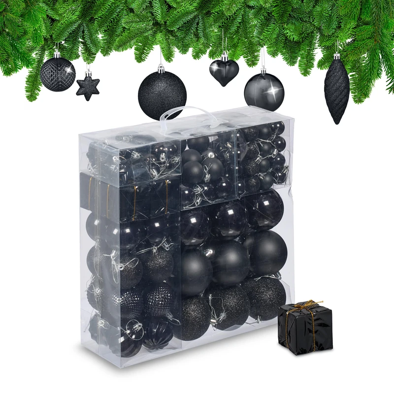 Relaxdays Christmas Baubles, Set of 110, Glittery, Matt & Shiny Ornaments, Plastic Decorations, HxD: 9 x 8 cm, Black