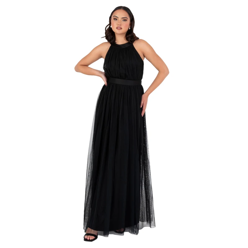 Anaya with Love Ladies Maxi Dress for Women Halter Neck Long Sleeveless with Belt A Line Evening Gown Ball Prom Wedding Guest Bridesmaid, Black 22