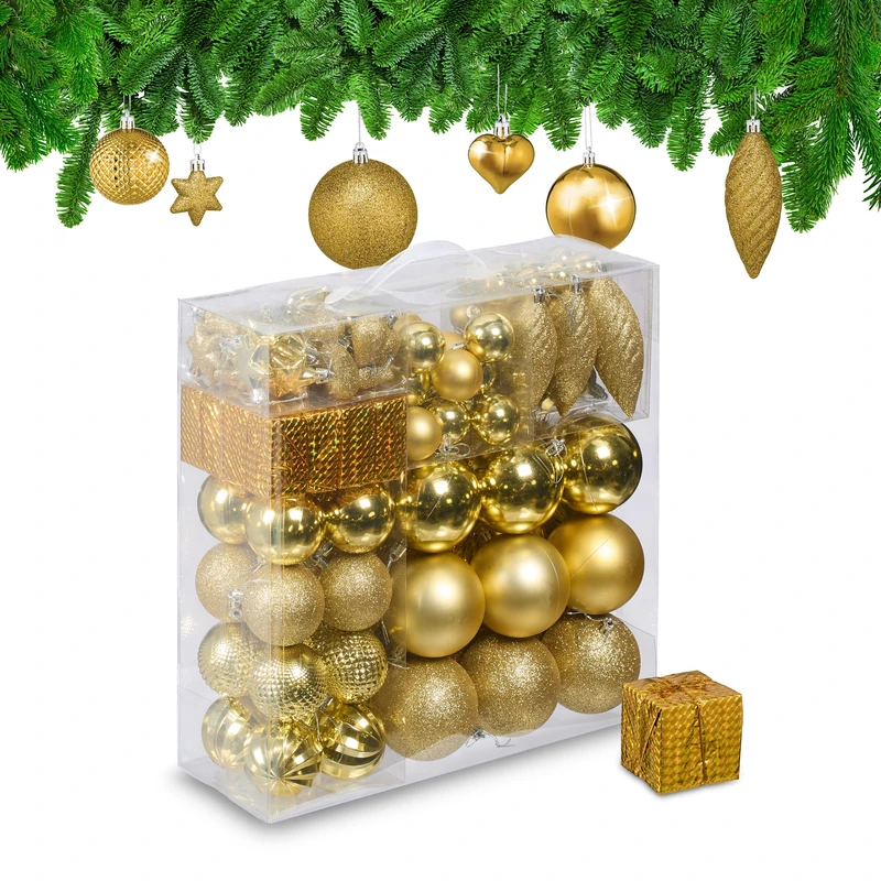 Relaxdays Christmas Bauble Set of 110, Glittery, Matt & Shiny Ornaments, Plastic Xmas Tree Balls, HxD: 9 x 8 cm, Gold