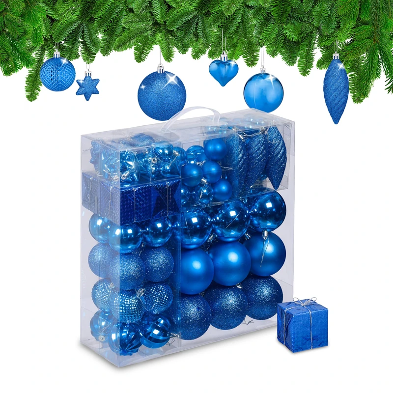 Relaxdays Christmas Bauble Set of 110, Glittery, Matt & Shiny Ornaments, Plastic Xmas Tree Balls, HxD: 9 x 8 cm, Blue