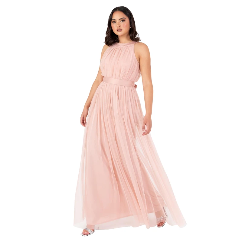 Anaya with Love Ladies Maxi Dress for Women Halter Neck Long Sleeveless with Belt A Line Evening Gown Ball Prom Wedding Guest Bridesmaid, Blush Peach 20