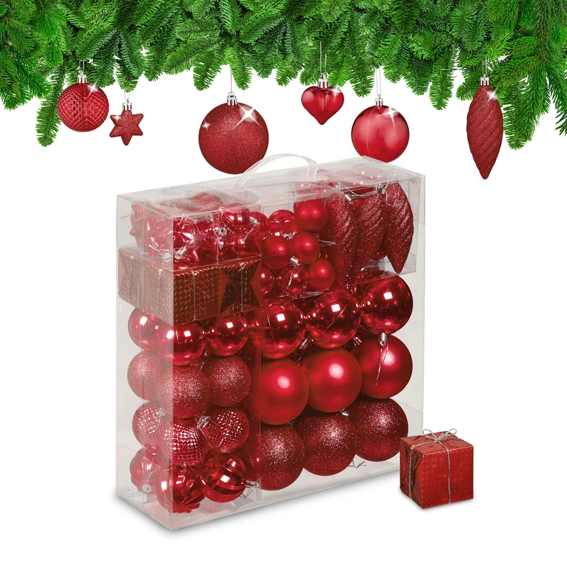 Relaxdays Christmas Bauble Set of 110, Glittery, Matt & Shiny Ornaments, Plastic Xmas Tree Balls, HxD: 9 x 8 cm, Red