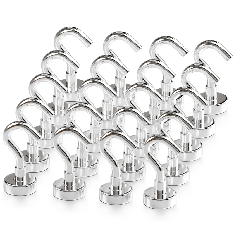 Magnetic Hooks 27lbs/12kg (Pack of 20 Silver) - Heavy Duty Neodymium Hooks for Outdoor & Backyard Use - Strong Rare Earth Magnets for Cruise Cabins - Magnet Hook for Kitchen & Refrigerators