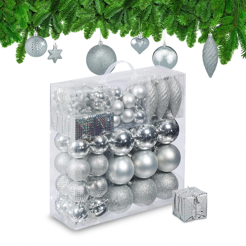 Relaxdays Christmas Bauble Set of 110, Glittery, Matt & Shiny Ornaments, Plastic Xmas Tree Balls, HxD: 9 x 8 cm, Silver