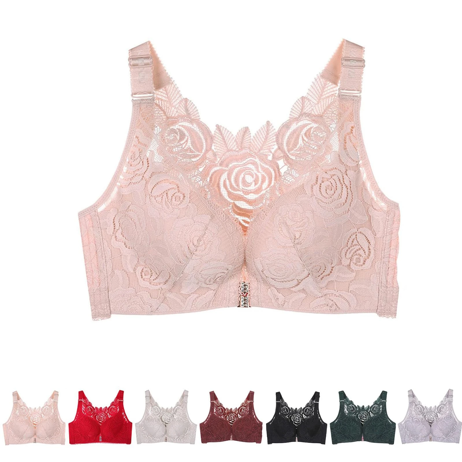 BDROX Floral Secrets Comfort Rose Bra,Seamless Front Closure Lace Butterfly Daily Bras,Women's Front Closure Bra (Pink,38/85C)