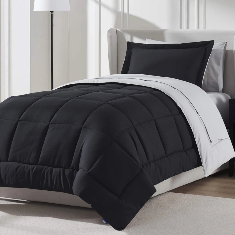 Nestl 5 Piece Twin Comforter Set – Black Reversible Bed in a Bag – Complete Twin Size Bedding Set with Sheets, Pillowcase and Sham