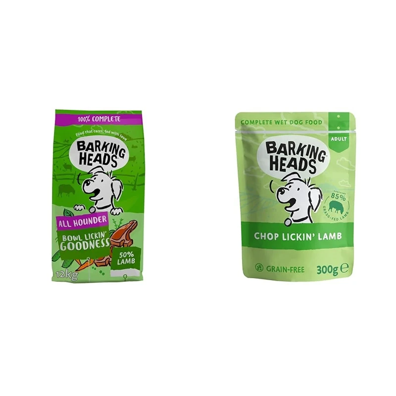 Bundle of Barking Heads Complete Dry Dog Food 12kg - Adult All Hounder Bowl Lickin' Goodness Lamb - Natural Everyday Immunity & Vitality - Vet Approved + Barking Heads Chop Lickin’ Lamb 300 g x 10