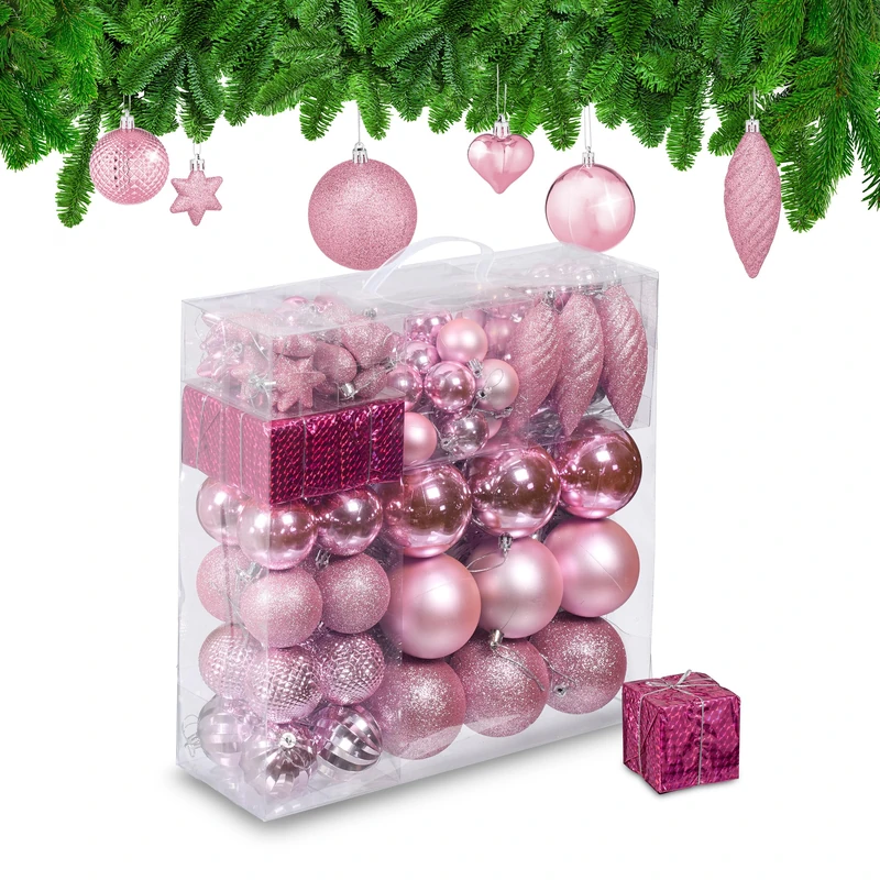 Relaxdays Christmas Baubles, Set of 110, Glittery, Matt & Shiny Ornaments, Plastic Decorations, HxD: 9 x 8 cm, Pink