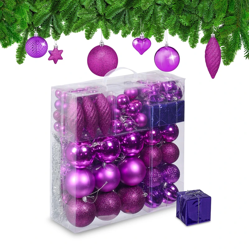 Relaxdays Christmas Baubles, Set of 110, Glittery, Matt & Shiny Ornaments, Plastic Decorations, HxD: 9 x 8 cm, Violet